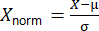 Data normalization formula, X_norm=(X-μ)/σ, statistical method application, educational diagram.