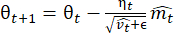 Adam optimization equation, symbol, learning rate adjustment in neural networks, educational use.