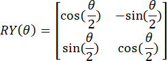 Quantum gate rotation matrix formula, RY(θ), used in quantum computing, equation.