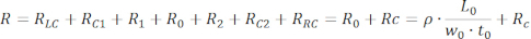 Electrical resistance equation sequence; formulas for circuit analysis; R = R_LC... expressions.