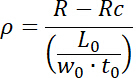 Electrical resistivity formula, ρ=(R-Rc)/(L0/(w0·t0)), equation for material properties.