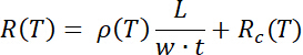 Resistance temperature equation: R(T)=ρ(T)L/wt+Rc(T); formula, temperature dependence.