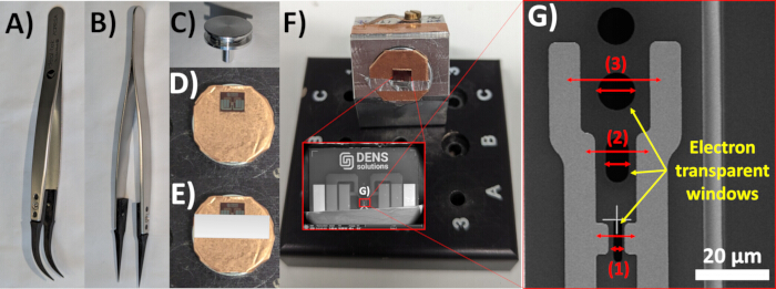 Electron microscopy sample prep tools and setup; electron transparent windows diagram; 20μm scale.