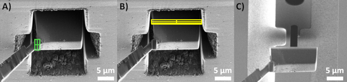 SEM diagram of a micro-device showcasing fabrication steps, scale bar 5 µm, nanostructure detail.