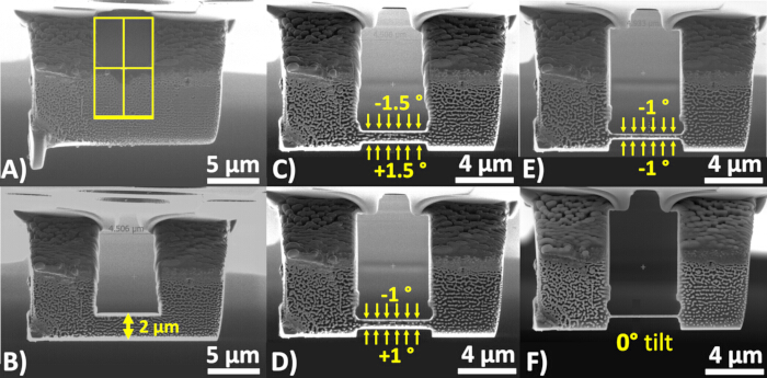 Scanning electron microscopy images showing micromachined structures at various tilt angles.