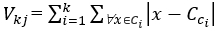 figure-protocol-20 Equation for clustering analysis; involves sum of absolute differences V_kj = Σ_i=1^k Σ x∈Ci |x-C_Ci|.