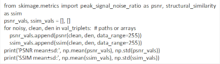 figure-protocol-11 Python code snippet for evaluating image quality using PSNR and SSIM metrics; computational analysis.