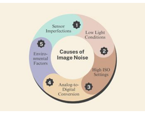 Causes of image noise diagram: sensor flaws, low light, high ISO, digital conversion, environment.