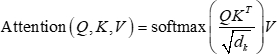 Attention mechanism formula, softmax(QK^T/sqrt(d_k))V equation, neural network concept.