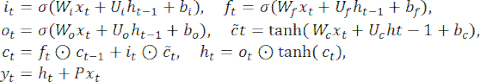 LSTM equations; mathematical formulas on neural networks; diagram for computational model understanding.