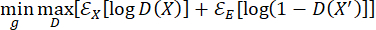 GAN optimization formula, min-max equation for generator and discriminator in AI model training.