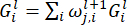 Mathematical equation for neural network layer updates, formula: \(G_i^l = \sum_i \omega_{j,i}^{l+1} G_i^l\).