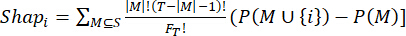 Shapley value equation, ΣM⊆S(M!(T−M−1)!/FT!) (P(M∪{i})−P(M)), mathematical formula.
