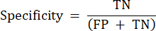 Specificity formula, TN/(FP+TN), equation, statistical measure in diagnostic testing analysis.