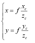 2D projection equations, x=f(xc/zc) and y=f(yc/zc), mathematical diagram, perspective transformation