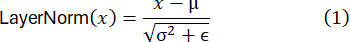 figure-protocol-3 Layer normalization formula, LayerNorm(x) equation showing x minus mu over root sigma squared plus epsilon.