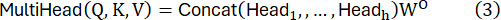 figure-protocol-5 Multi-head attention formula, MultiHead(Q,K,V)=Concat(Head1,...,Headh)Wo, neural network diagram.