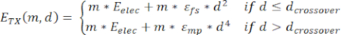 Equations describing energy transfer E_TX(m,d) with crossover distance formula, mathematical analysis.