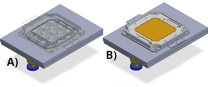 figure-protocol-2 Microfluidic chip design diagram; A) channel layout, B) chip assembly.