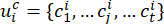 Math expression ui^c={ci1,...,cij,...,cit} in symbolic notation