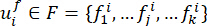 Set theory formula: element inclusion in set; \(u_i^l \in F = \{f_1^i, ..., f_k^i\}\); math concept.