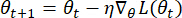 Gradient descent formula: θ_{t+1} = θ_t - η∇_θ L(θ_t), used in optimization algorithm studies.