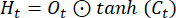 Recurrent neural network equation, LSTM formula, Ht=Ot⊙tanh(Ct), educational diagram.