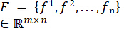 Set theory, F as function set {f^1, f^2,..., f_n}, element of R^m×n, equations and symbols.
