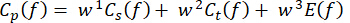 Equation for weighted sum: Cp(f) = w1Cs(f) + w2Ct(f) + w3E(f); mathematical formula.