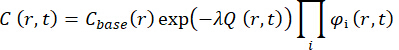 Mathematical model equation C(r,t) for concentration over time; includes exponential, product terms.