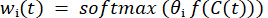Softmax function equation in neural networks, illustrating weight calculation formula.
