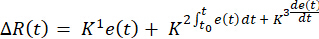 Dynamic response equation, ΔR(t)=K¹e(t)+K²∫e(t)dt+K³(de(t)/dt), formula, signal processing.