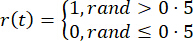 Random function r(t) equation; piecewise definition with probability threshold, math symbol.