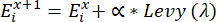 Iterative process formula in Levy flight optimization; equation for trajectory update in algorithm.