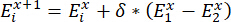 Equation showing iterative calculation, E_i^x+1 = E_i^x + δ*(E_1^x - E_2^x), algorithm concept