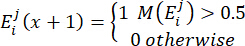 Iterative function equation, decision threshold 0.5, mathematical model, formula.