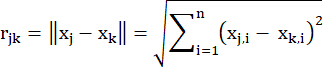 Euclidean distance equation; r_jk=||x_j−x_k||; formula for distance in n-dimensional space.