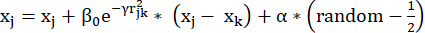 Equation for dynamic system modeling; formula: x̅j=xj+β0e−γt∥jk∥2(xj−xk)+α(random−1/2).