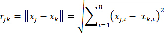 Euclidean distance equation, formula diagram, describing x and y coordinates in scientific analysis.