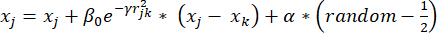 Equation for genetic algorithm, Xj evolution with stochastic variable impact, mathematical expression.