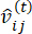 Graph theory symbol \( \hat{v}_{ij}^{(t)} \) for mathematical modeling in algorithmic processes.