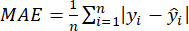 MAE formula, static equation, data analysis metric, evaluates prediction error in statistical models.