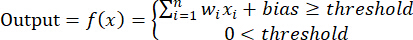 Perceptron model equation; Output=f(x), Σwixi+bias≥threshold; neural network calculation.