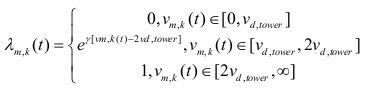 Mathematical equations for a dynamic process; piecewise function λm,k(t) with conditions.