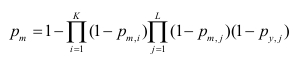Equation for probability model in statistical analysis, featuring product notation and variables.