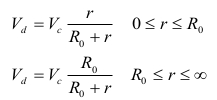 Equations for velocity in circular orbit; shows formula variations for radius ranges.