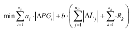Optimization equation for load distribution; Σa|ΔPG|, Σb|ΔL|; mathematical model; formula.