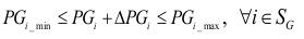 Power grid equation, PG_min ≤ PG_i + ΔPG_i ≤ PG_max, for electricity distribution limits.