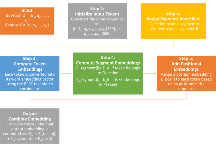 figure-protocol-3 Token embedding process diagram; BERT input steps, compute embeddings, segment identifiers.