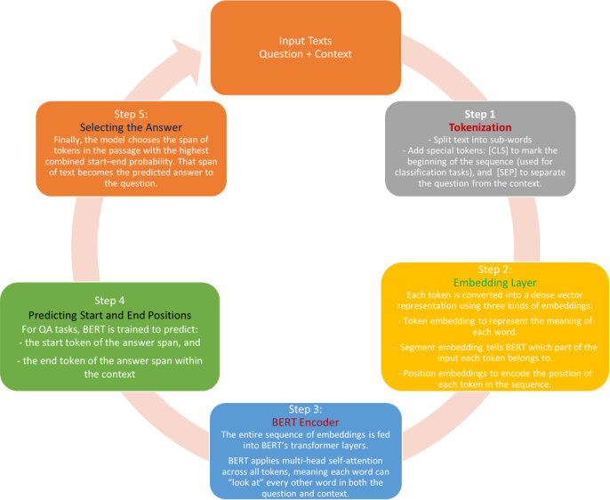 figure-protocol-4 BERT process diagram: tokenization, embedding, encoding, predicting QA spans, selecting answers.